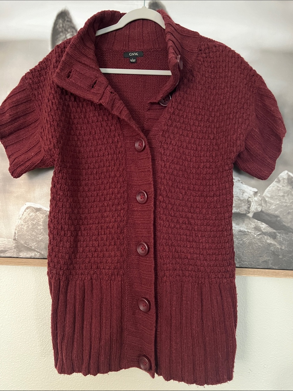 GNW Short-Sleeve Button-Up Knit Cardigan in Burgundy